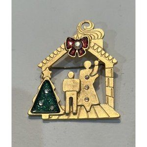 Vintage Newpro Christmas Brooch Enamel. Paint Rhinestones